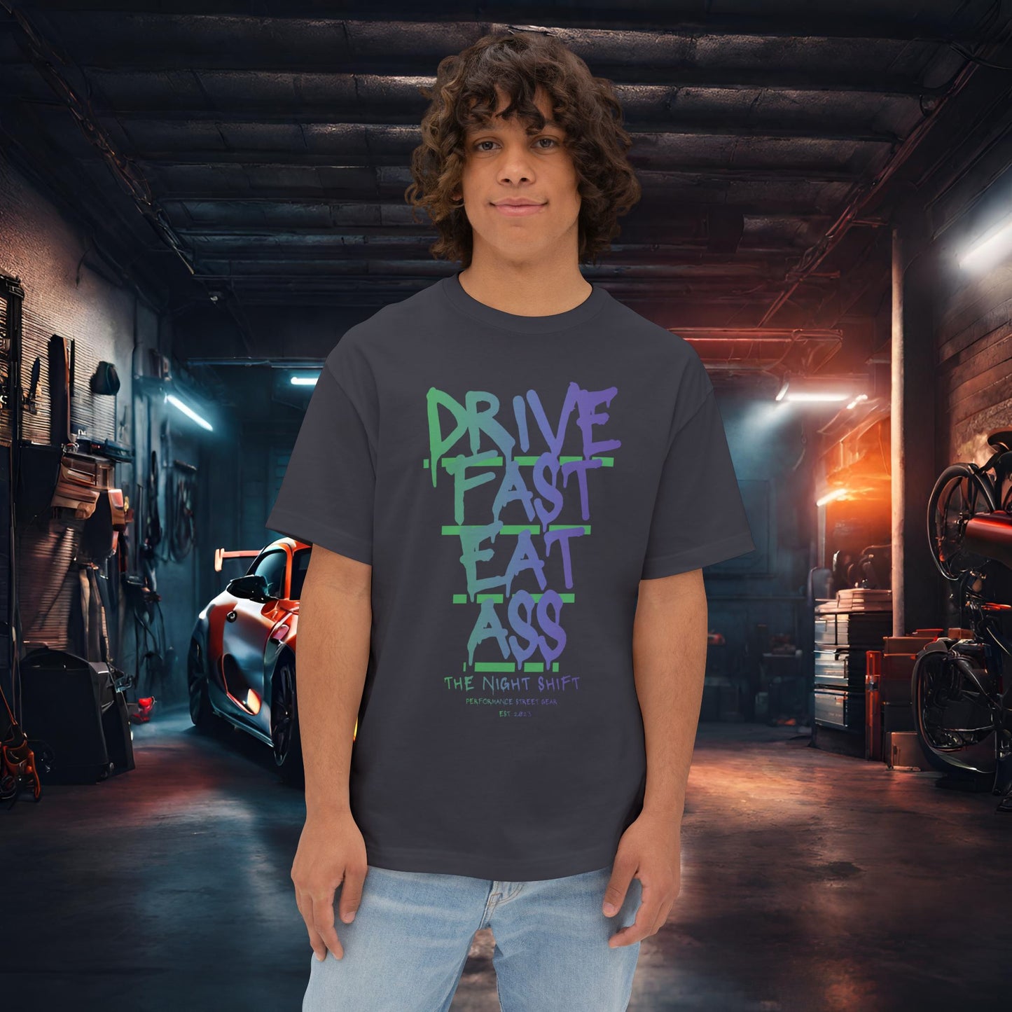 Drive Fast, Eat Ass-Premium, Ultra Soft Unisex Oversized Boxy Tee Dark Grey Printify by The Night Shift Automotive Apparel