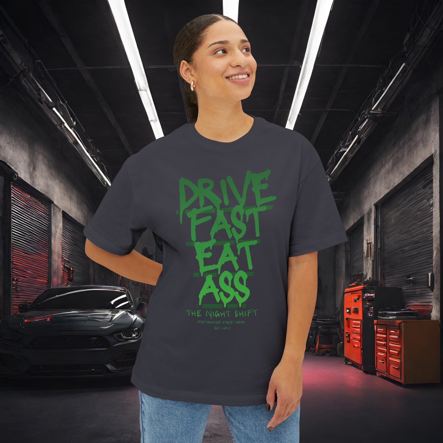 Drive Fast, Eat Ass-Premium, Ultra Soft Unisex Oversized Boxy Tee Printify by The Night Shift Automotive Apparel