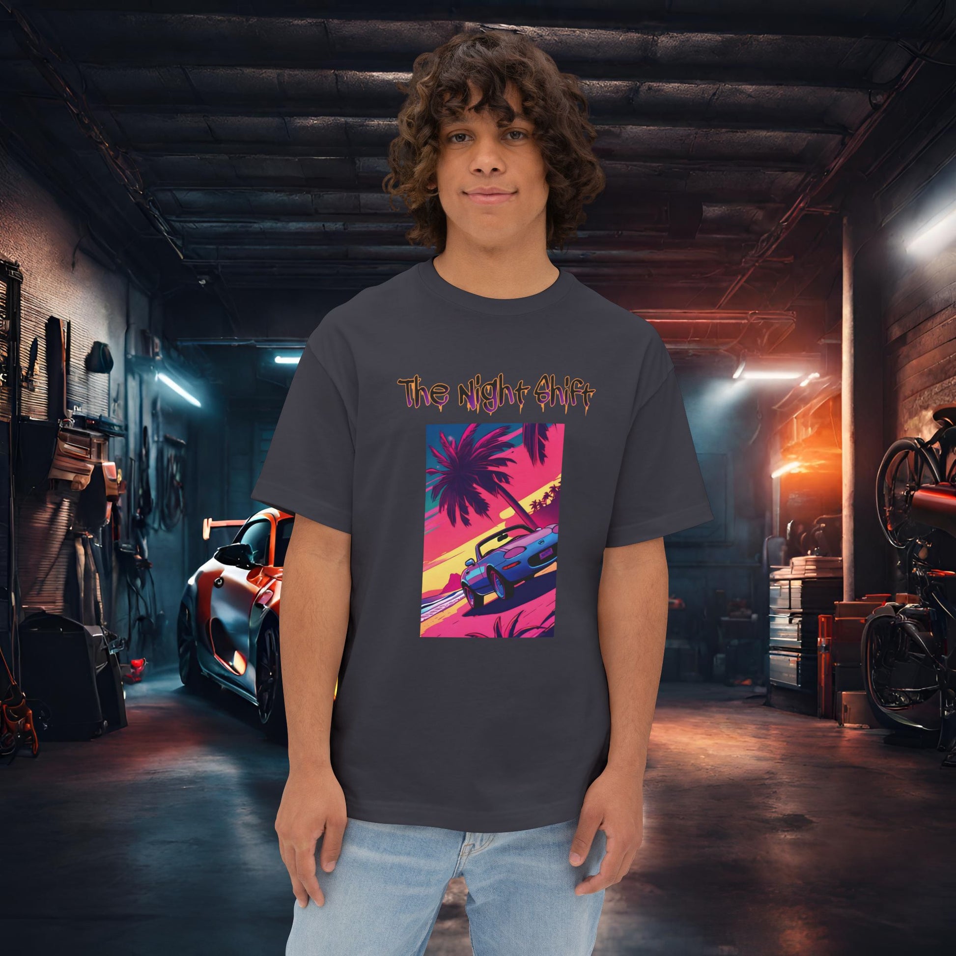 Miata Topless Beach Cruise Synthwave-Premium, Ultra Soft Unisex Oversized Boxy Tee Dark Grey Printify by The Night Shift Automotive Apparel