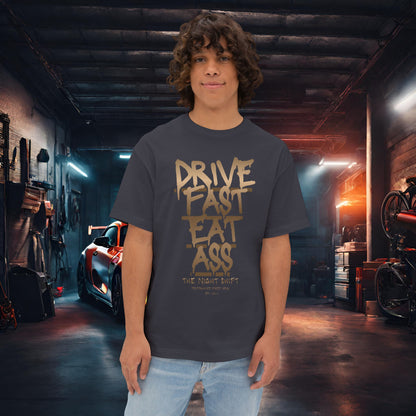 Drive Fast, Eat Ass-Premium, Ultra Soft Unisex Oversized Boxy Tee Dark Grey Printify by The Night Shift Automotive Apparel