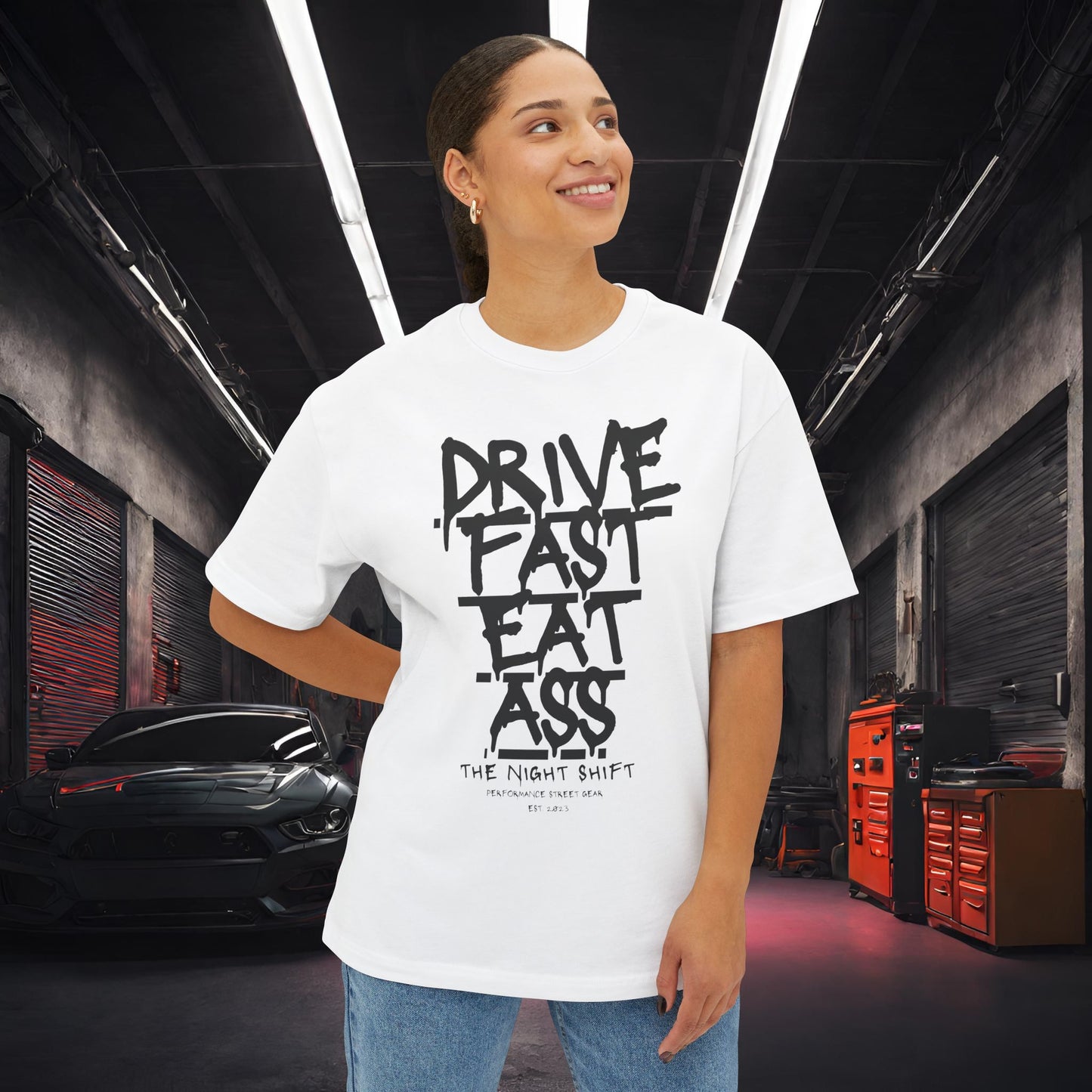 Drive Fast, Eat Ass-Premium, Ultra Soft Unisex Oversized Boxy Tee Printify by The Night Shift Automotive Apparel