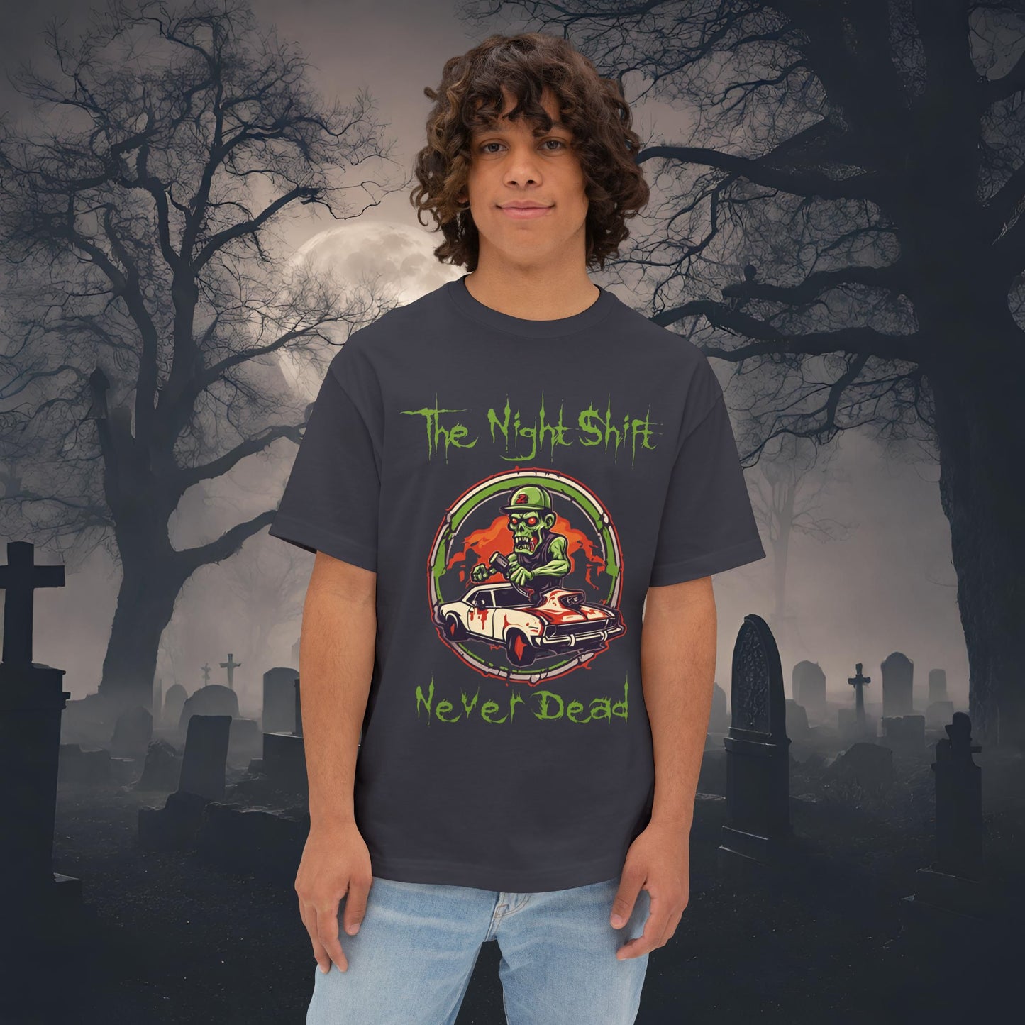 Never Dead Zombie Muscle Car-Premium, Ultra Soft Unisex Oversized Boxy Tee Dark Grey Printify by The Night Shift Automotive Apparel