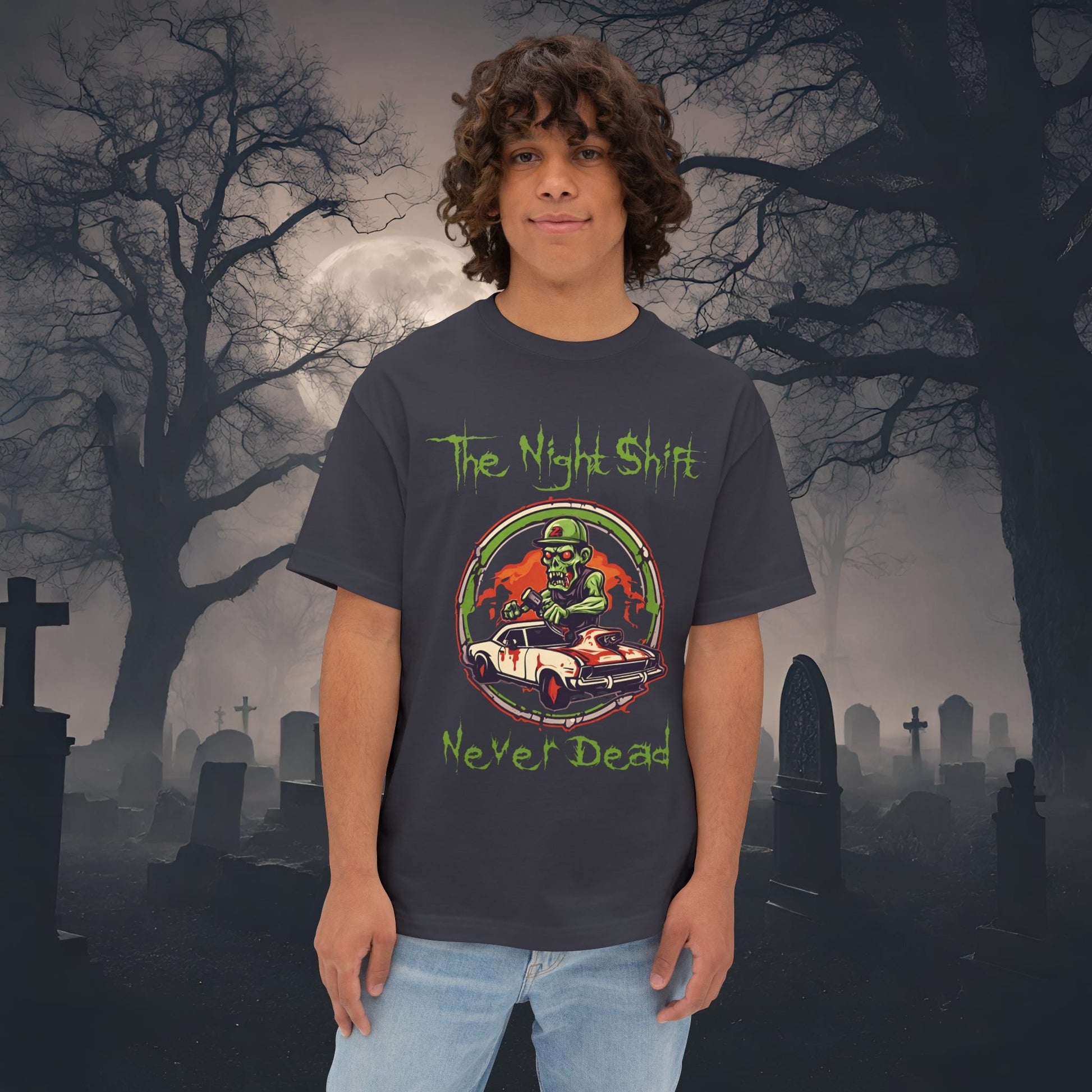 Never Dead Zombie Muscle Car-Premium, Ultra Soft Unisex Oversized Boxy Tee Dark Grey Printify by The Night Shift Automotive Apparel