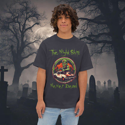 Never Dead Zombie Muscle Car-Premium, Ultra Soft Unisex Oversized Boxy Tee Dark Grey Printify by The Night Shift Automotive Apparel