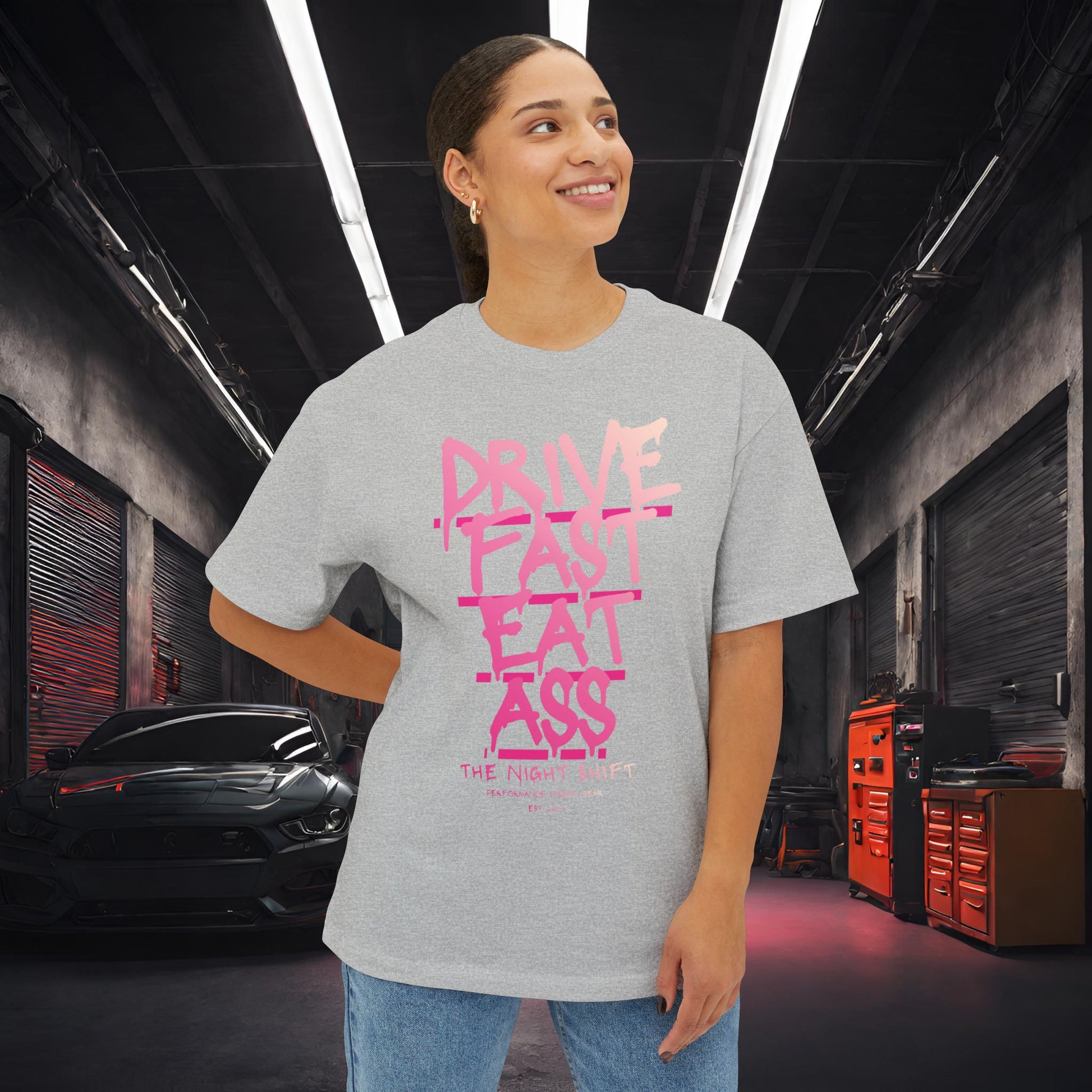 Drive Fast, Eat Ass-Premium, Ultra Soft Unisex Oversized Boxy Tee Printify by The Night Shift Automotive Apparel
