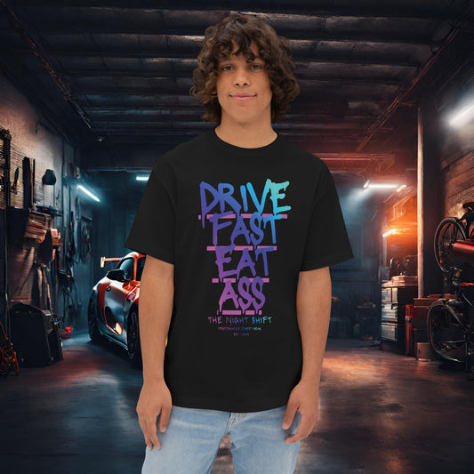 Drive Fast, Eat Ass-Premium, Ultra Soft Unisex Oversized Boxy Tee Black Printify by The Night Shift Automotive Apparel
