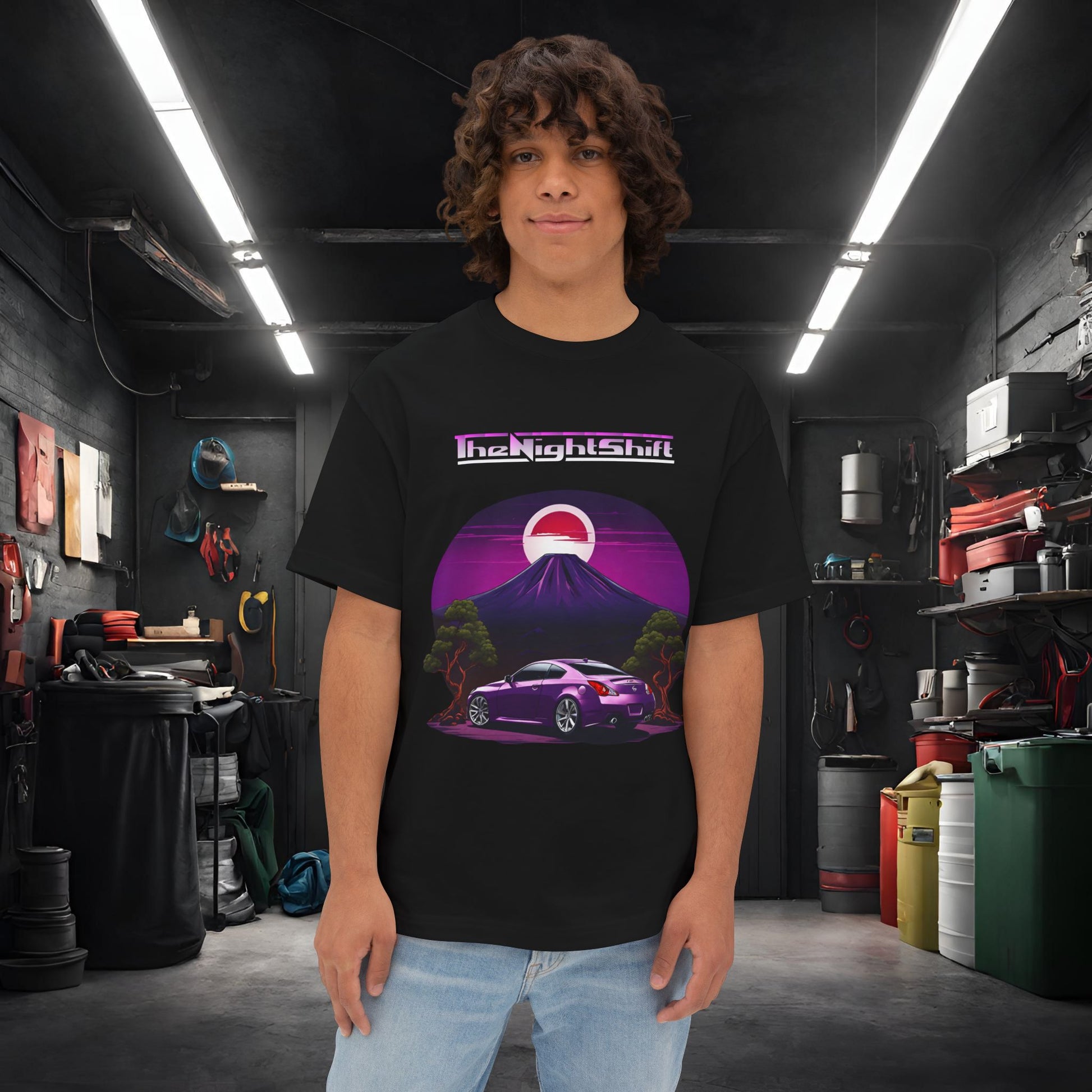 Infiniti G37 Coupe Mt Fuji-Premium, Ultra Soft, Unisex Oversized Boxy Tee Black Printify by The Night Shift Automotive Apparel