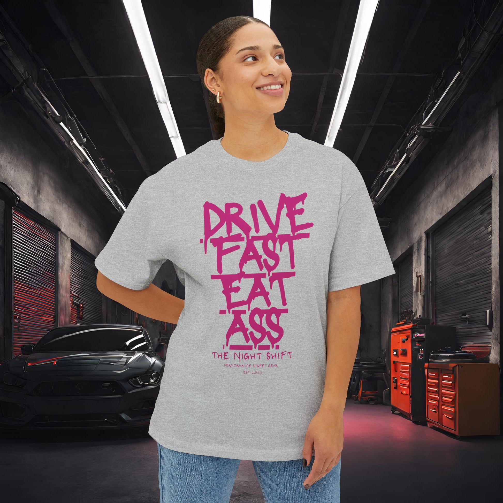 Drive Fast, Eat Ass-Premium, Ultra Soft Unisex Oversized Boxy Tee Printify by The Night Shift Automotive Apparel