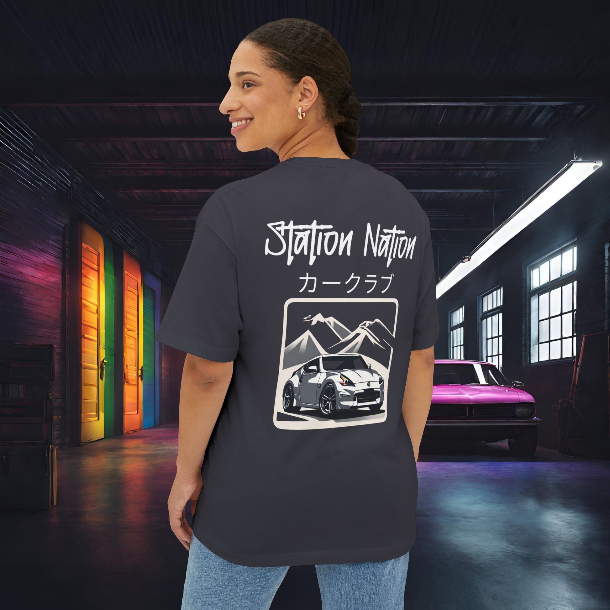 Station Nation-Premium, Ultra Soft Unisex Oversized Boxy Tee Dark Grey Printify by The Night Shift Automotive Apparel