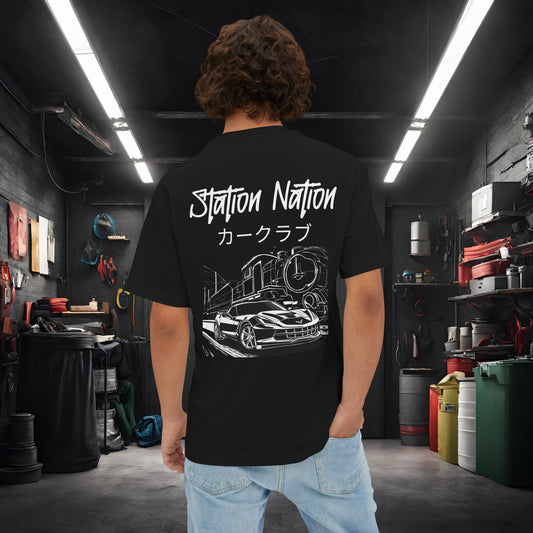 Station Nation-Premium, Ultra Soft Unisex Oversized Boxy Tee Black Printify by The Night Shift Automotive Apparel