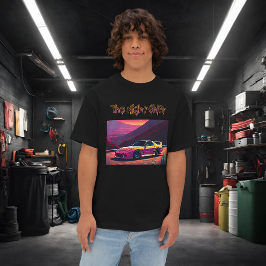 Mazda RX7 Synthwave-Premium, Ultra Soft Unisex Oversized Boxy Tee Black Printify by The Night Shift Automotive Apparel