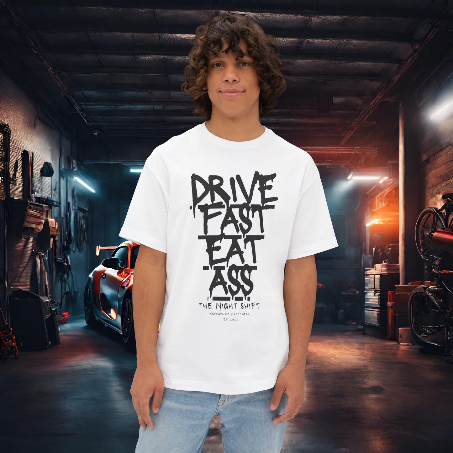 Drive Fast, Eat Ass-Premium, Ultra Soft Unisex Oversized Boxy Tee White Printify by The Night Shift Automotive Apparel