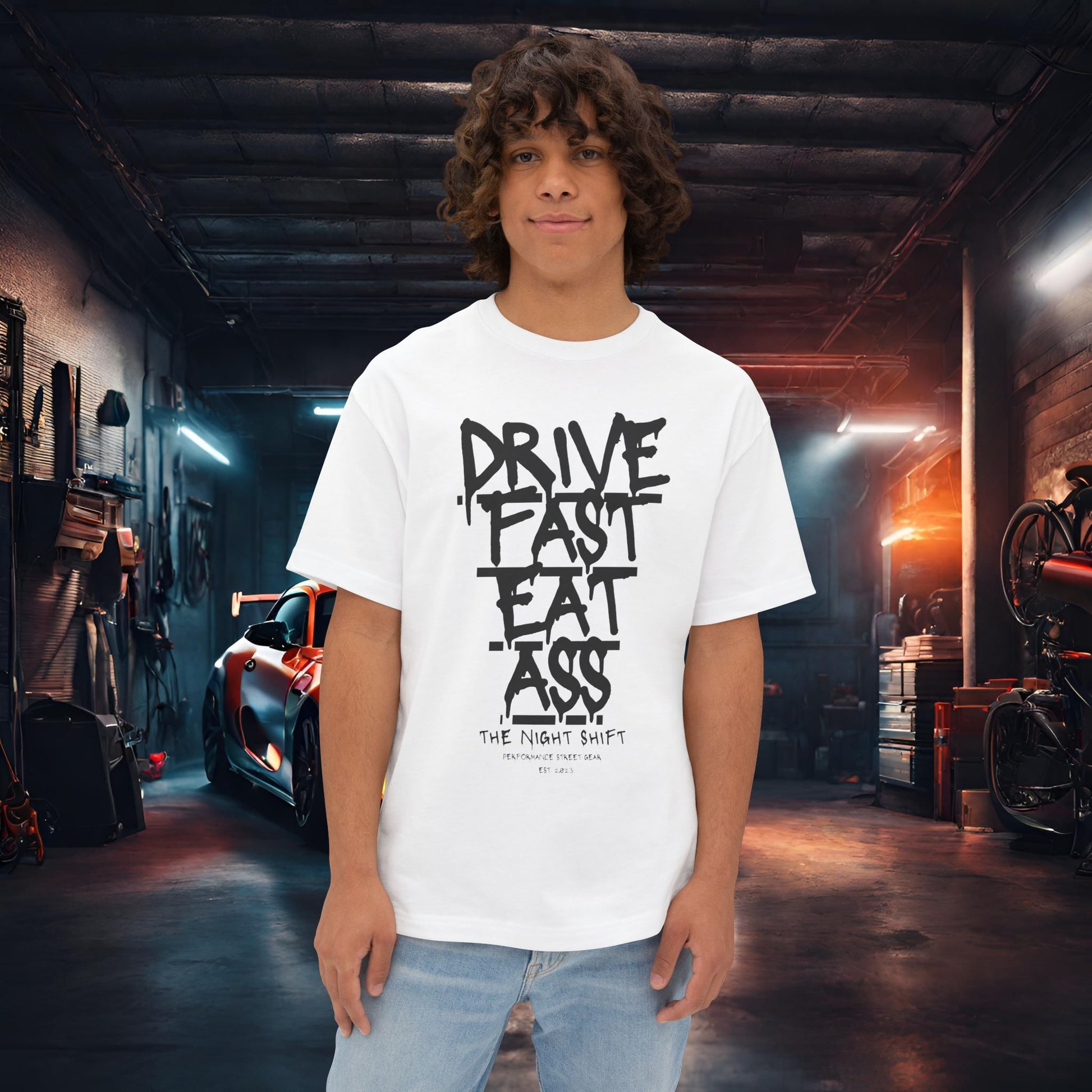 Drive Fast, Eat Ass-Premium, Ultra Soft Unisex Oversized Boxy Tee White Printify by The Night Shift Automotive Apparel
