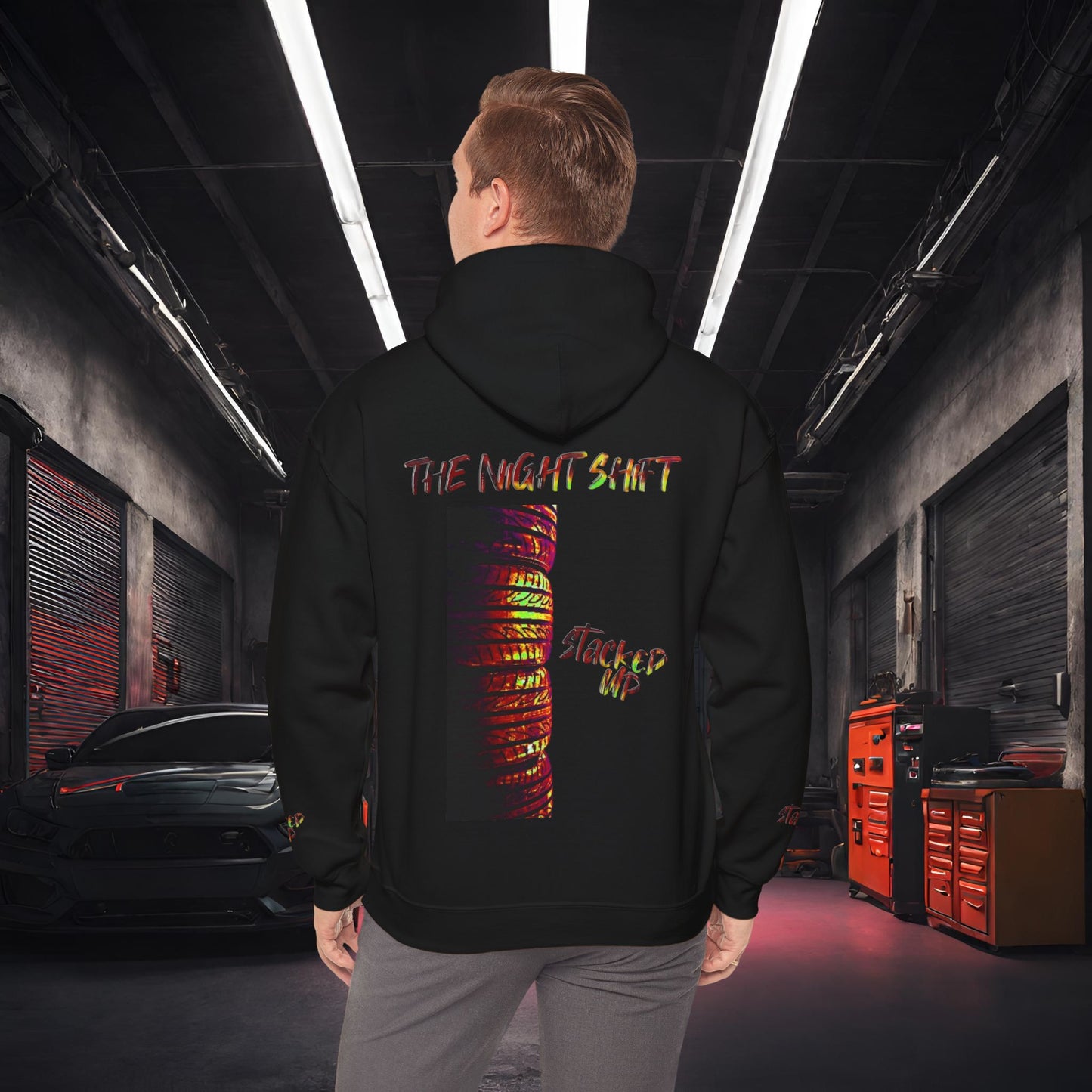 Stacked Up Track Tire Day Synthwave-Premium, Ultra Soft Unisex Hoodie Black Printify by The Night Shift Automotive Apparel