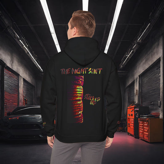 Stacked Up Track Tire Day Synthwave-Premium, Ultra Soft Unisex Hoodie Black Printify by The Night Shift Automotive Apparel