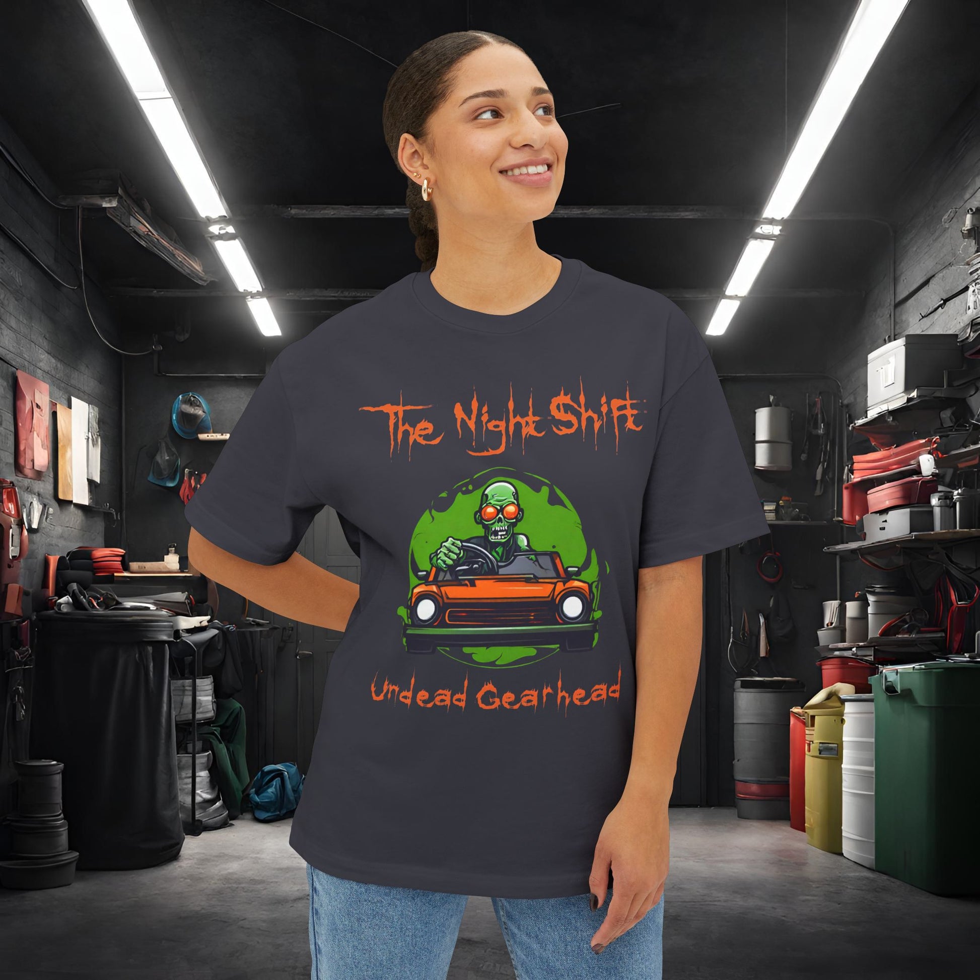 Undead Gearhead Zombie-Premium, Ultra Soft Unisex Oversized Boxy Tee Printify by The Night Shift Automotive Apparel