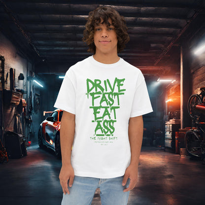 Drive Fast, Eat Ass-Premium, Ultra Soft Unisex Oversized Boxy Tee White Printify by The Night Shift Automotive Apparel