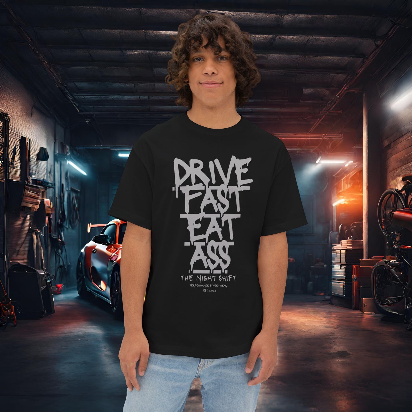Drive Fast, Eat Ass-Premium, Ultra Soft Unisex Oversized Boxy Tee Black Printify by The Night Shift Automotive Apparel