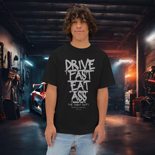 Drive Fast, Eat Ass-Premium, Ultra Soft Unisex Oversized Boxy Tee Black Printify by The Night Shift Automotive Apparel