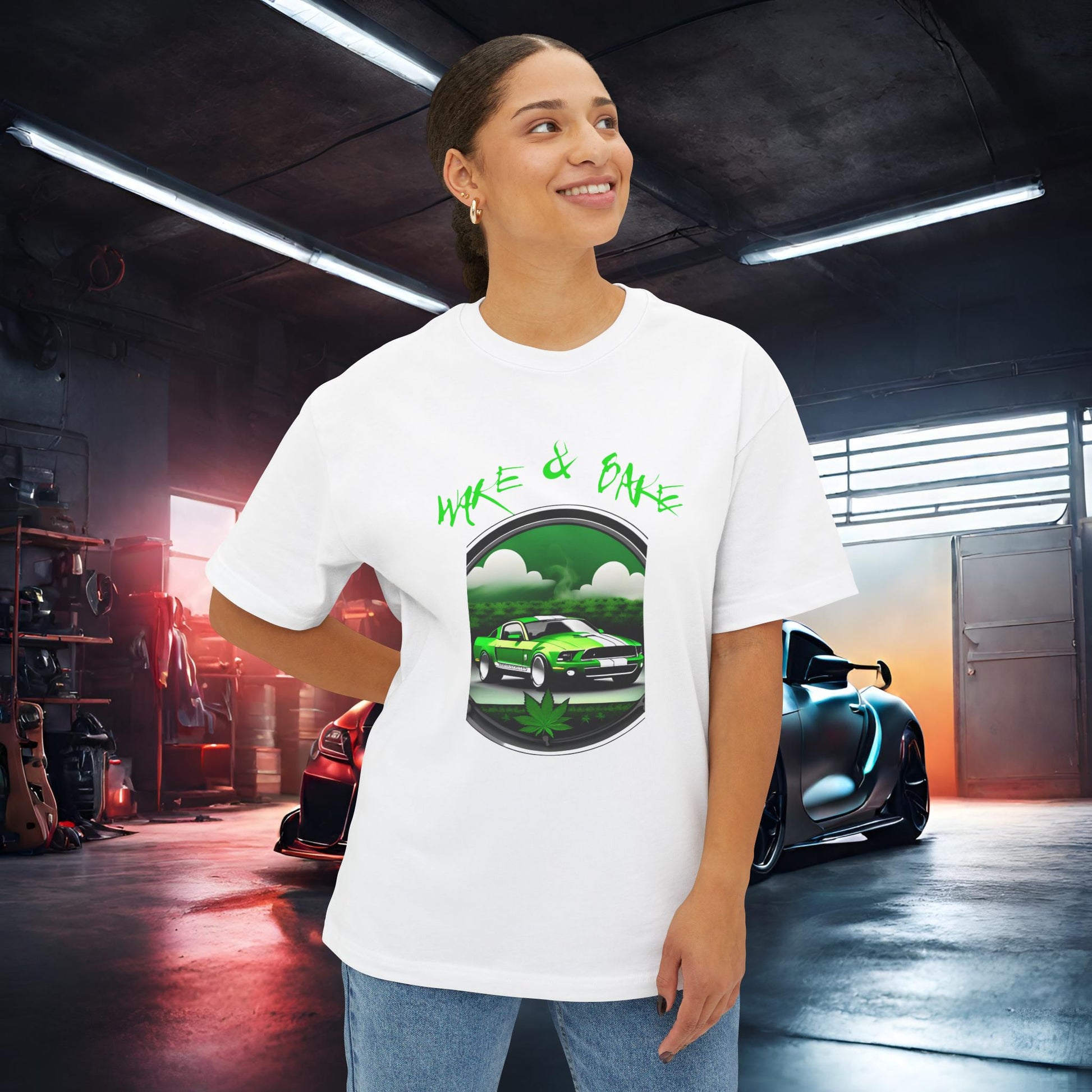 Wake And Bake-Premium, Ultra Soft Unisex Oversized Boxy Tee Printify by The Night Shift Automotive Apparel