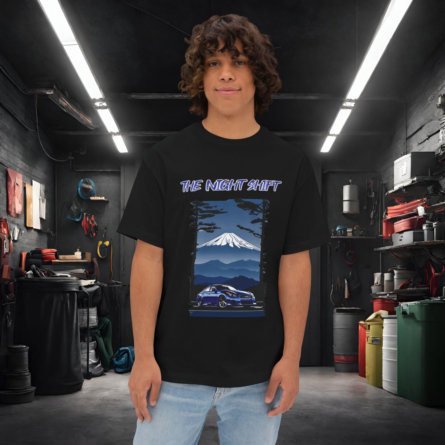 Infiniti G37 Sedan Mt Fuji-Premium, Ultra Soft Unisex Oversized Boxy Tee Black Printify by The Night Shift Automotive Apparel