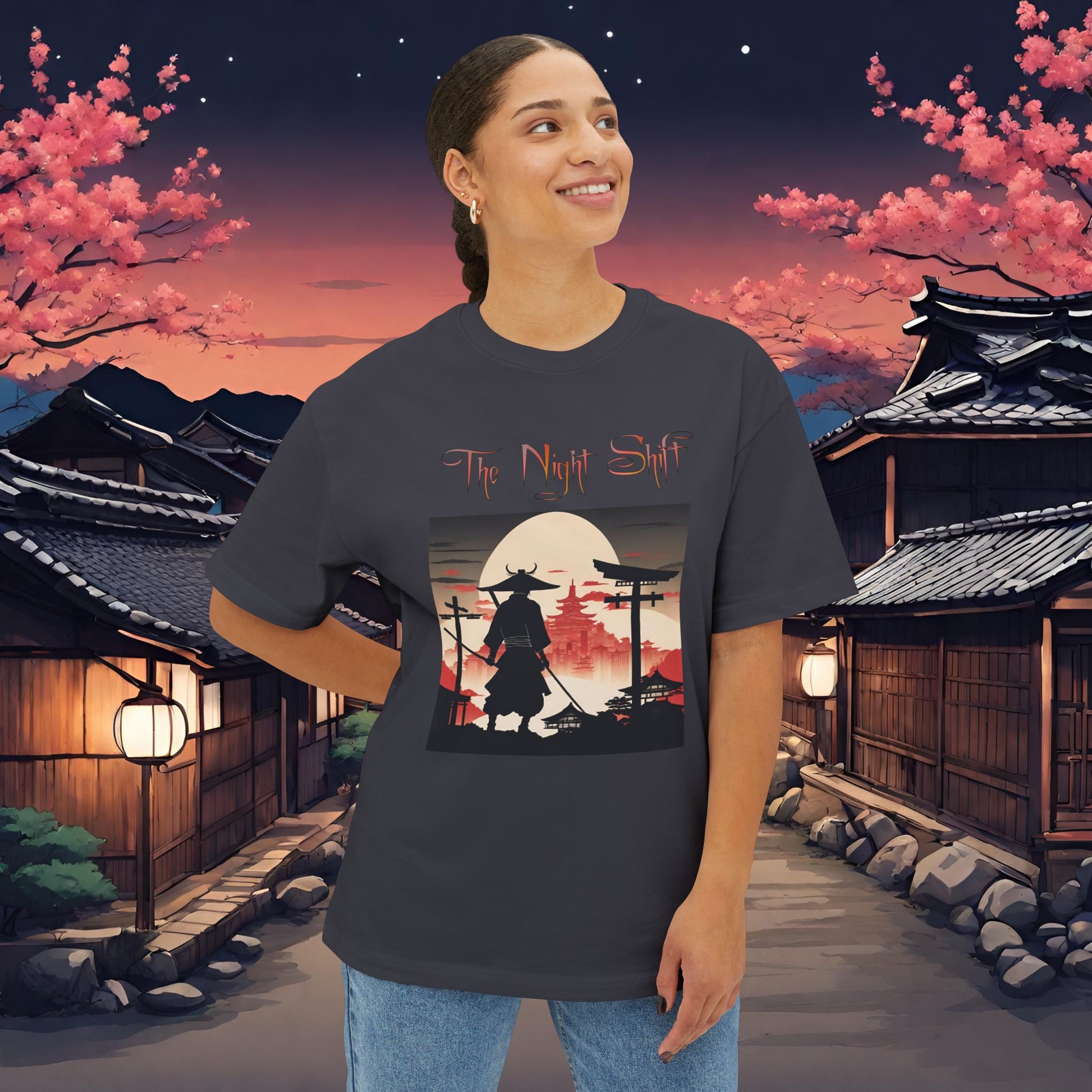 Samurai Full Moon Silhouette-Premium, Ultra Soft Unisex Oversized Boxy Tee Printify by The Night Shift Automotive Apparel