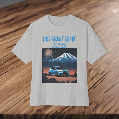 Subaru WRX/STI Fireworks In The Mountains-Premium, Ultra Soft Unisex Oversized Boxy Tee Printify by The Night Shift Automotive Apparel