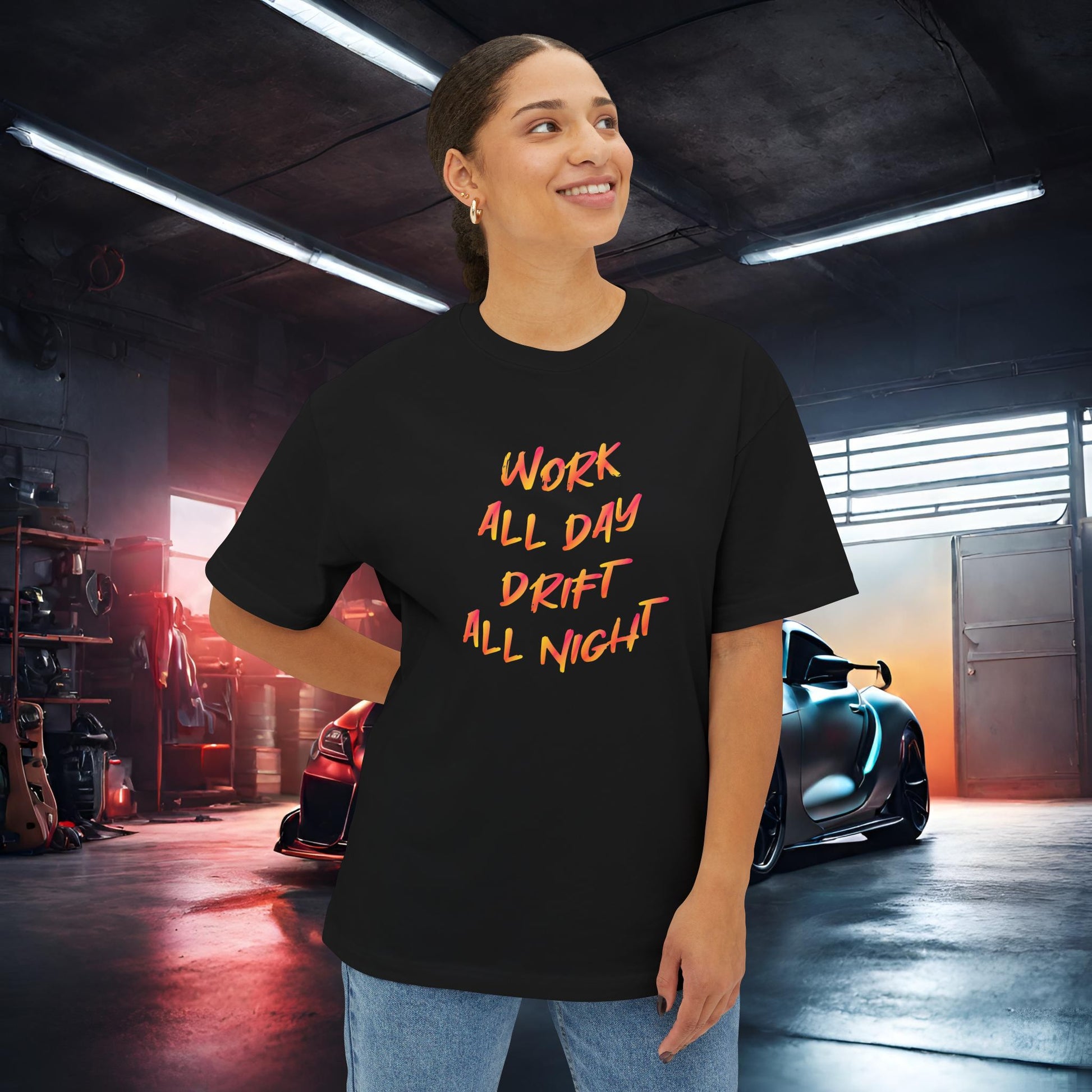 Work All Day, Drift All Night-Premium, Ultra Soft Unisex Oversized Boxy Tee Printify by The Night Shift Automotive Apparel