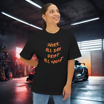 Work All Day, Drift All Night-Premium, Ultra Soft Unisex Oversized Boxy Tee Printify by The Night Shift Automotive Apparel