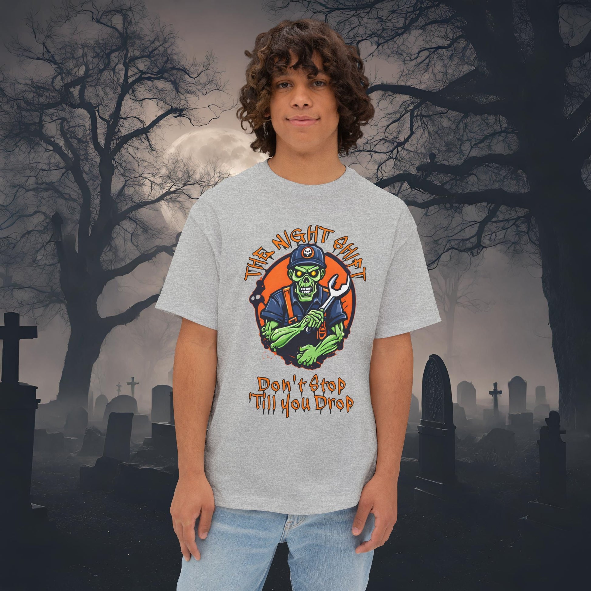 The Night Shift Zombie Mechanic-Premium, Ultra Soft Unisex Oversized Boxy Tee Athletic Heather Printify by The Night Shift Automotive Apparel