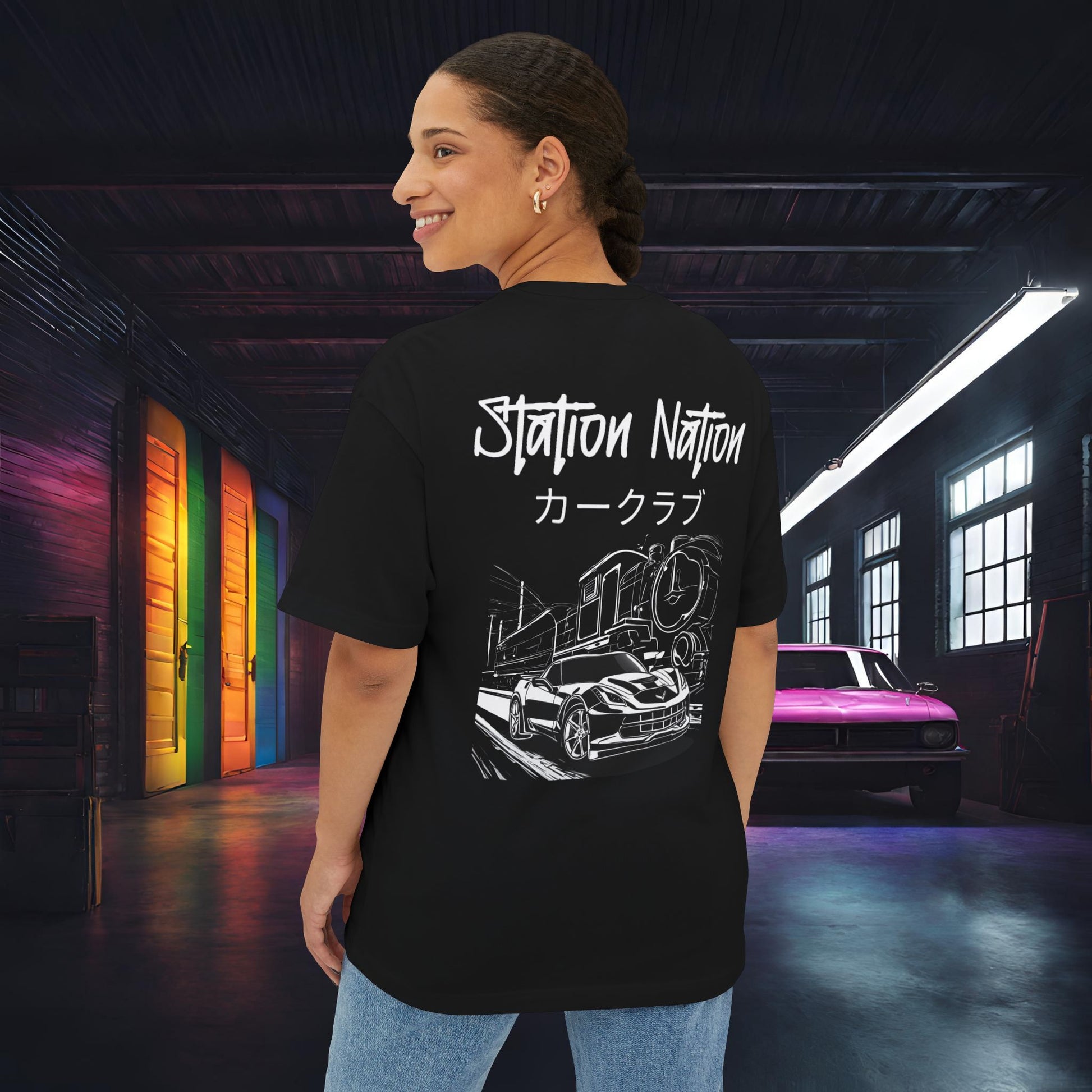 Station Nation-Premium, Ultra Soft Unisex Oversized Boxy Tee Printify by The Night Shift Automotive Apparel