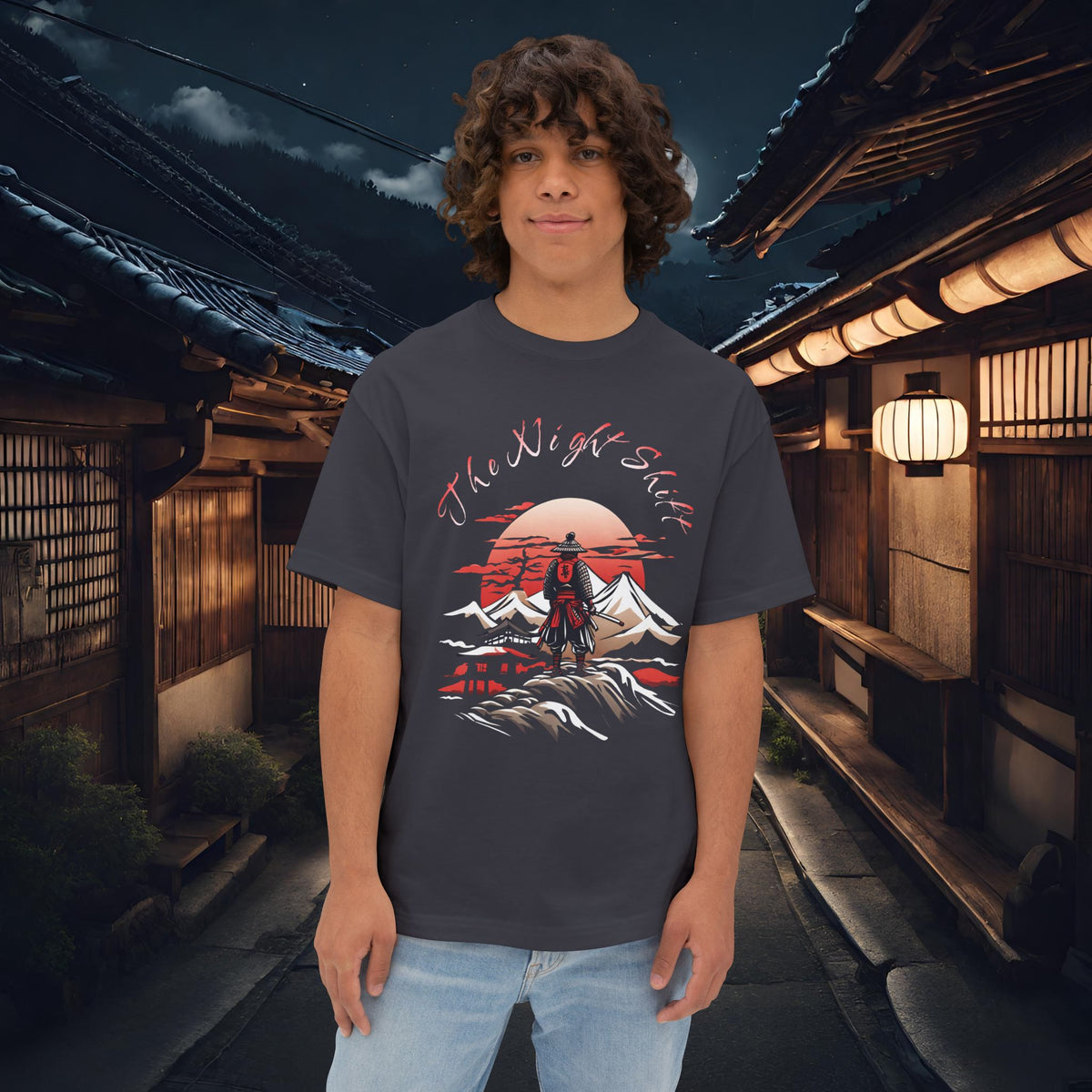 Samurai-Premium, Ultra Soft, Unisex Oversized Boxy Tee Dark Grey Printify by The Night Shift Automotive Apparel