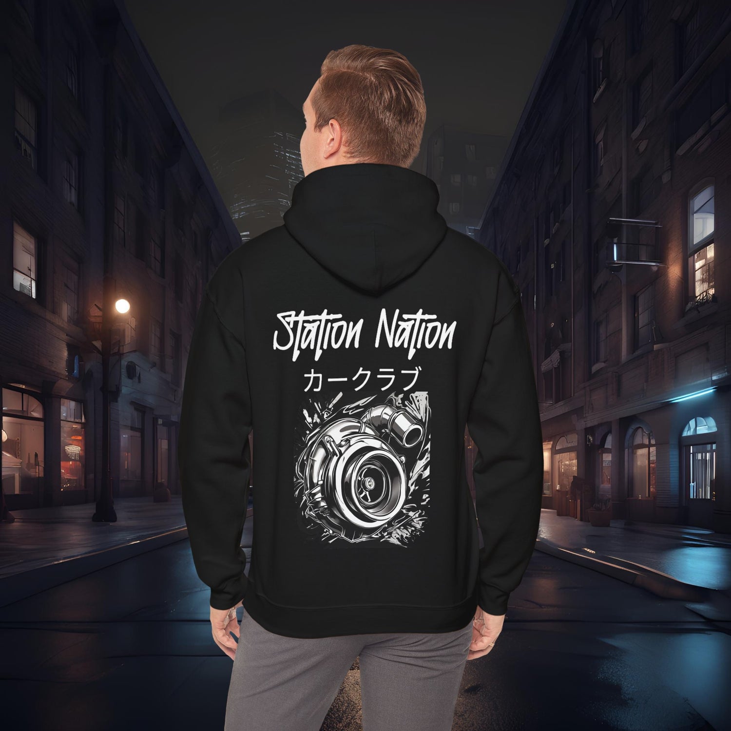 Station Nation-Ultra Soft, Premium Hoodie Black Printify by The Night Shift Automotive Apparel