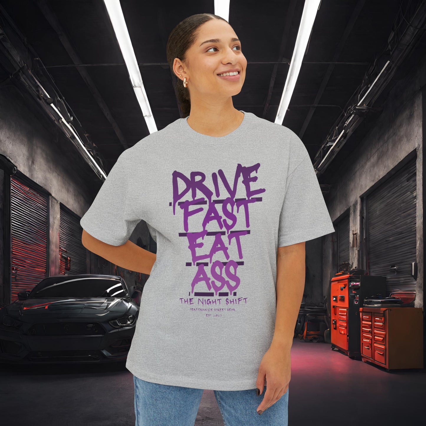 Drive Fast, Eat Ass-Premium, Ultra Soft Unisex Oversized Boxy Tee Printify by The Night Shift Automotive Apparel