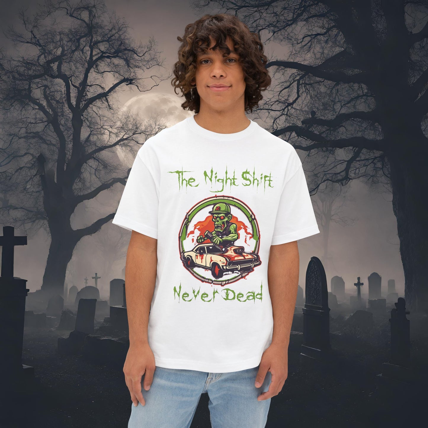 Never Dead Zombie Muscle Car-Premium, Ultra Soft Unisex Oversized Boxy Tee White Printify by The Night Shift Automotive Apparel