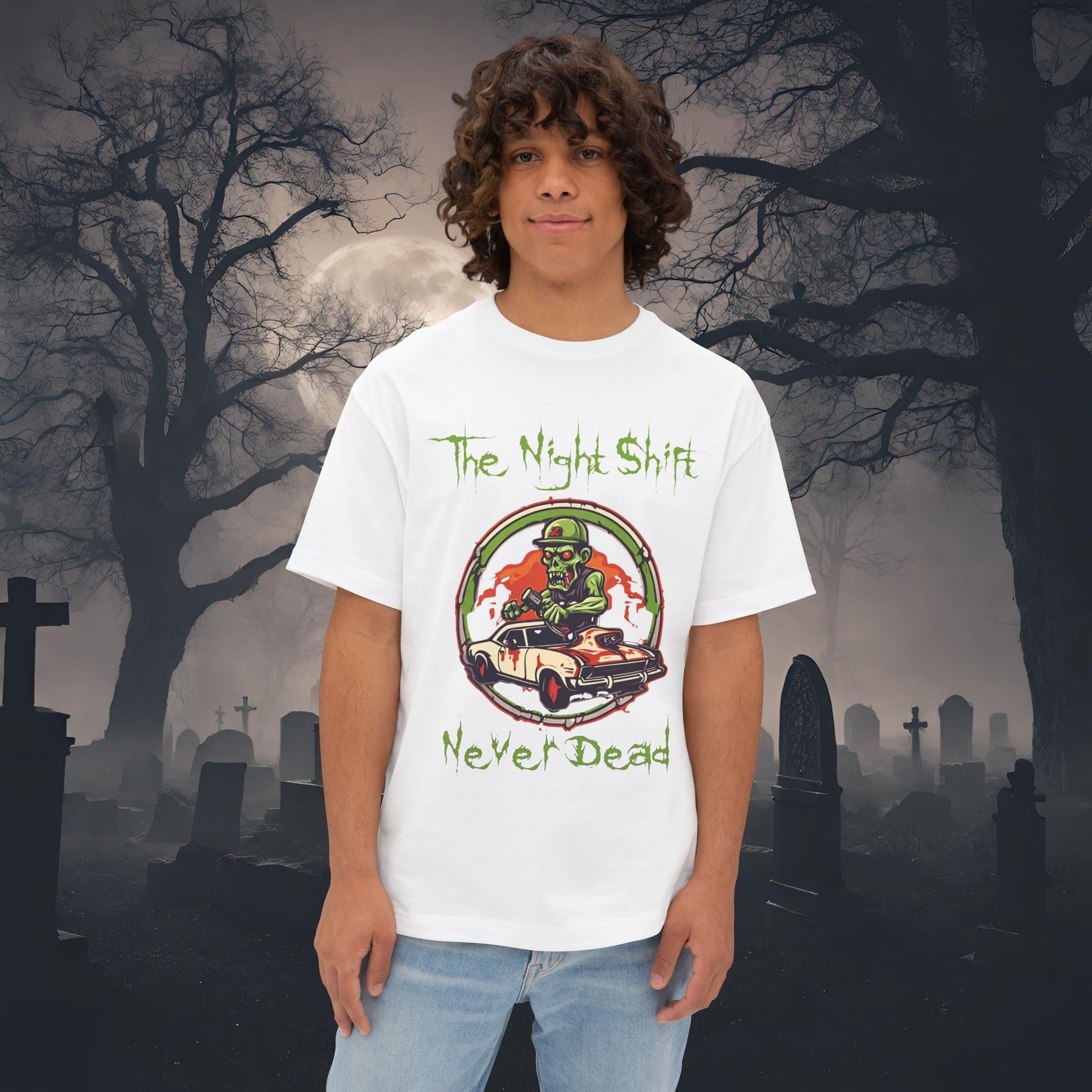 Never Dead Zombie Muscle Car-Premium, Ultra Soft Unisex Oversized Boxy Tee White Printify by The Night Shift Automotive Apparel