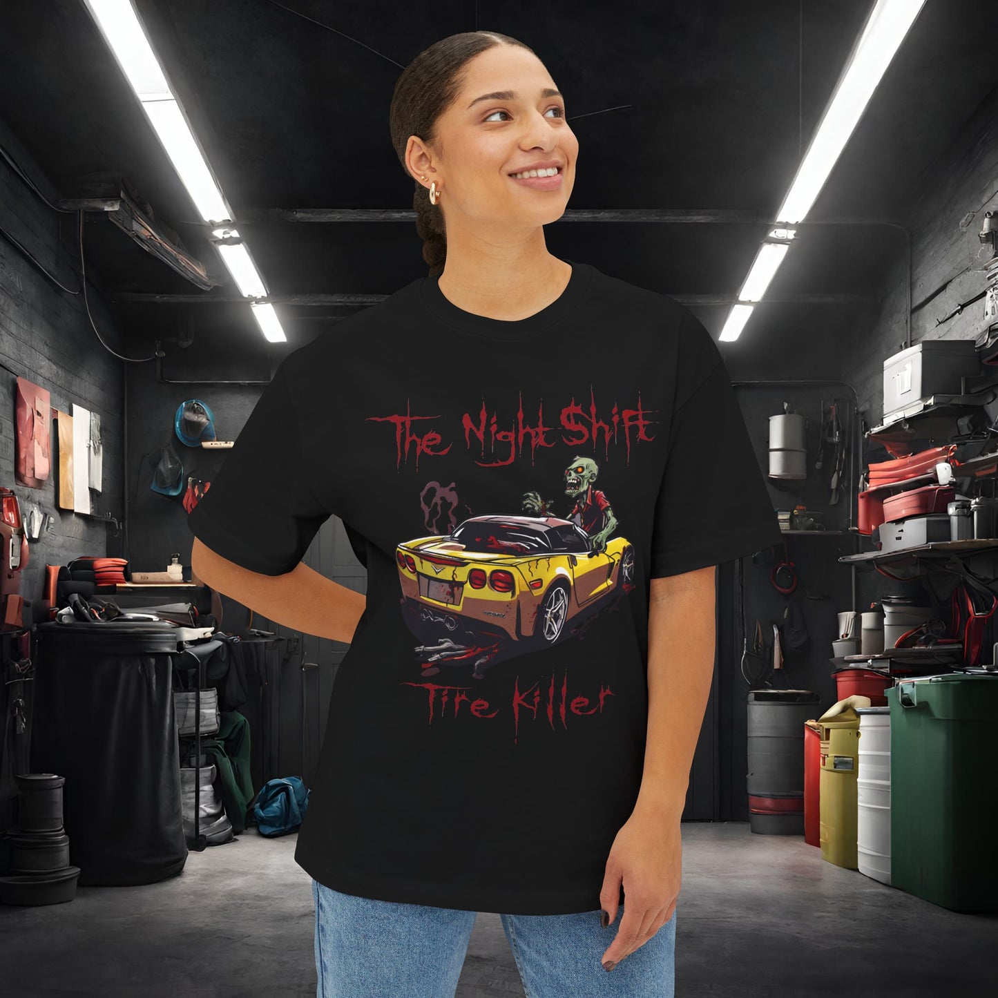 Tire Killer Zombie Corvette-Premium, Ultra Soft Unisex Oversized Boxy Tee Printify by The Night Shift Automotive Apparel
