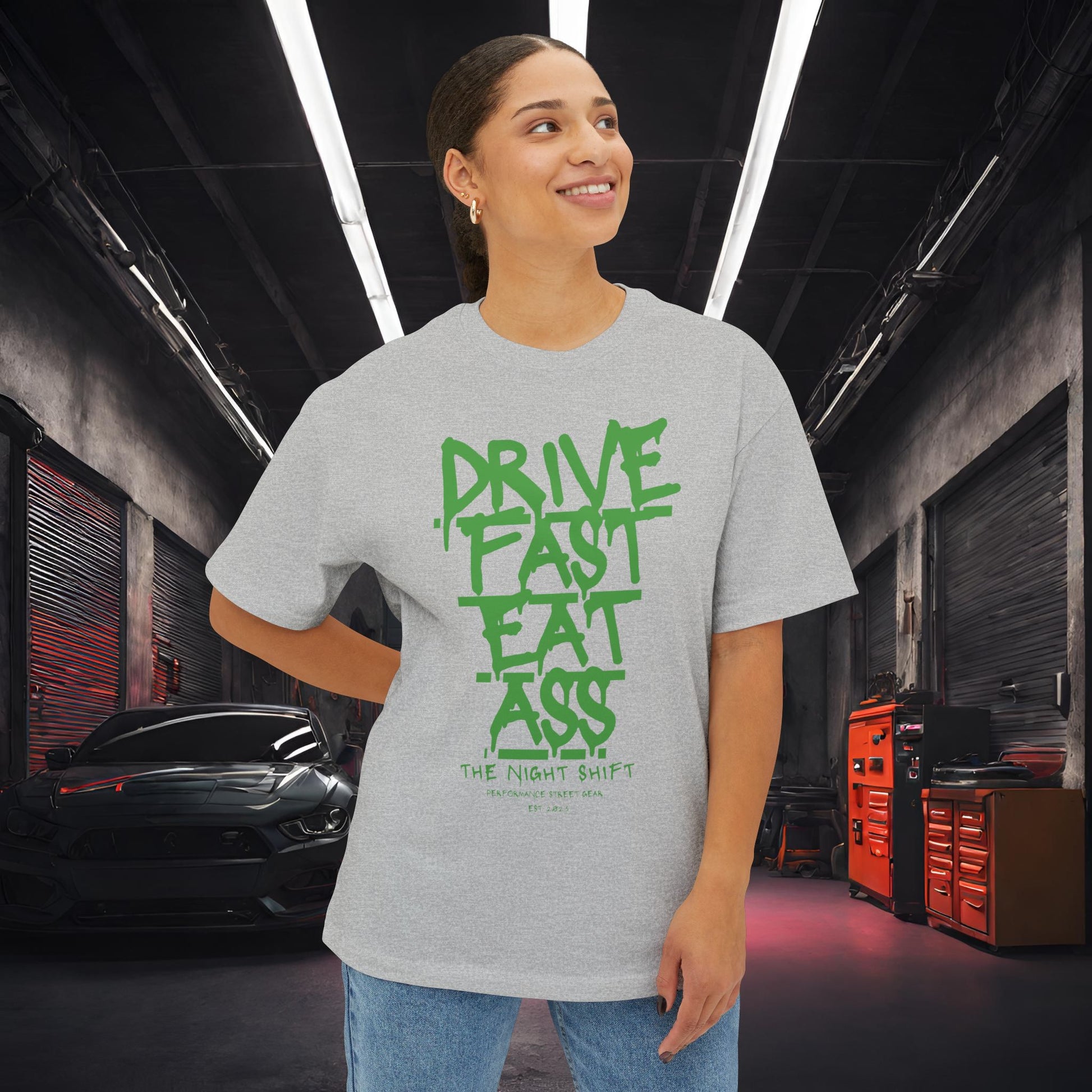 Drive Fast, Eat Ass-Premium, Ultra Soft Unisex Oversized Boxy Tee Printify by The Night Shift Automotive Apparel