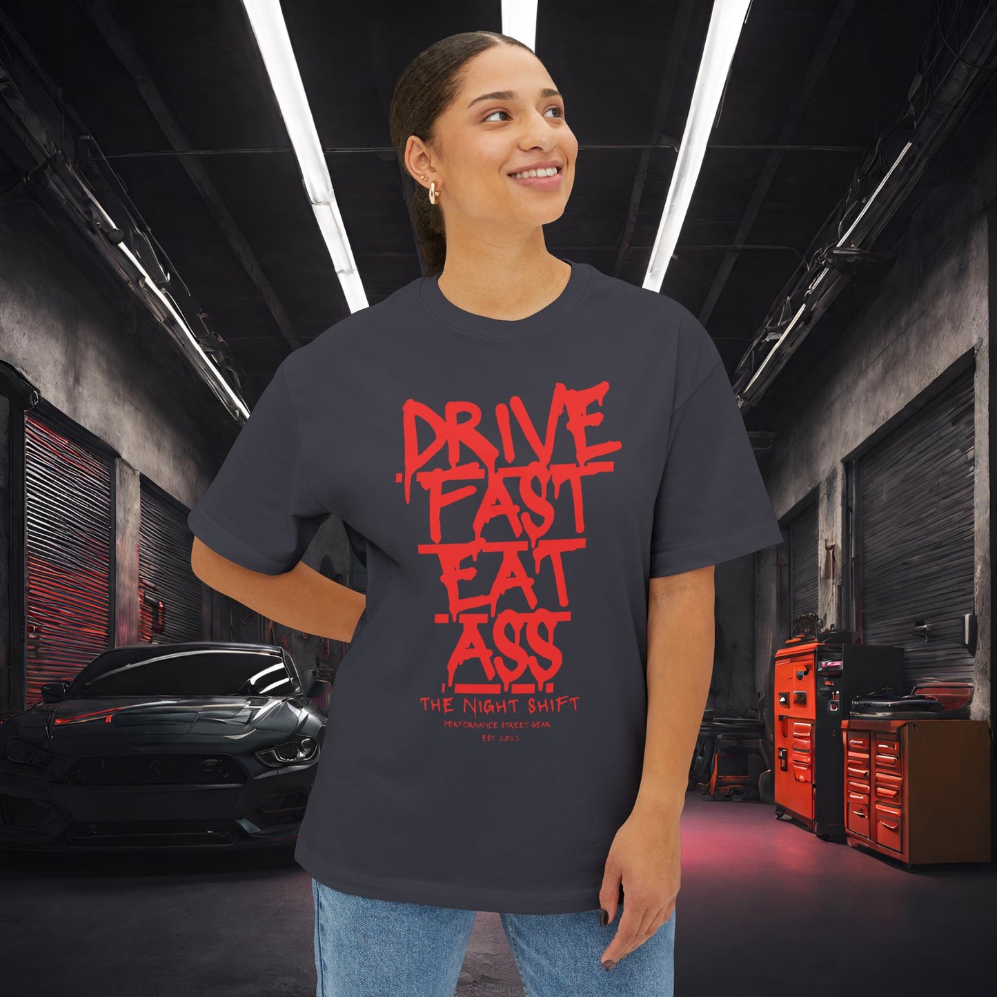 Drive Fast, Eat Ass-Premium, Ultra Soft Unisex Oversized Boxy Tee Printify by The Night Shift Automotive Apparel