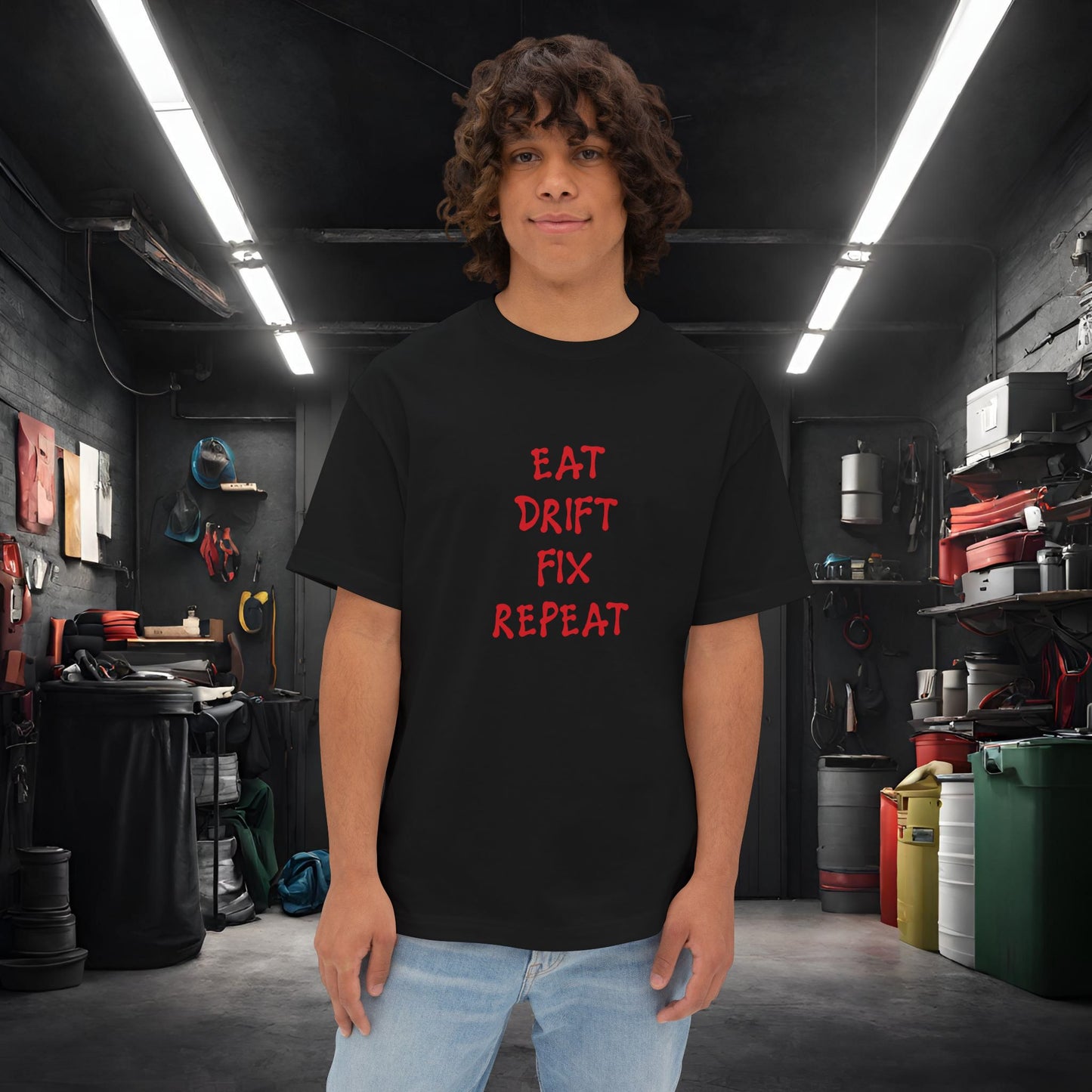 Eat, Drift, Fix, Repeat. I'll Sleep When I'm Dead-Premium, Ultra Soft, Unisex Oversized Boxy Tee Black Printify by The Night Shift Automotive Apparel
