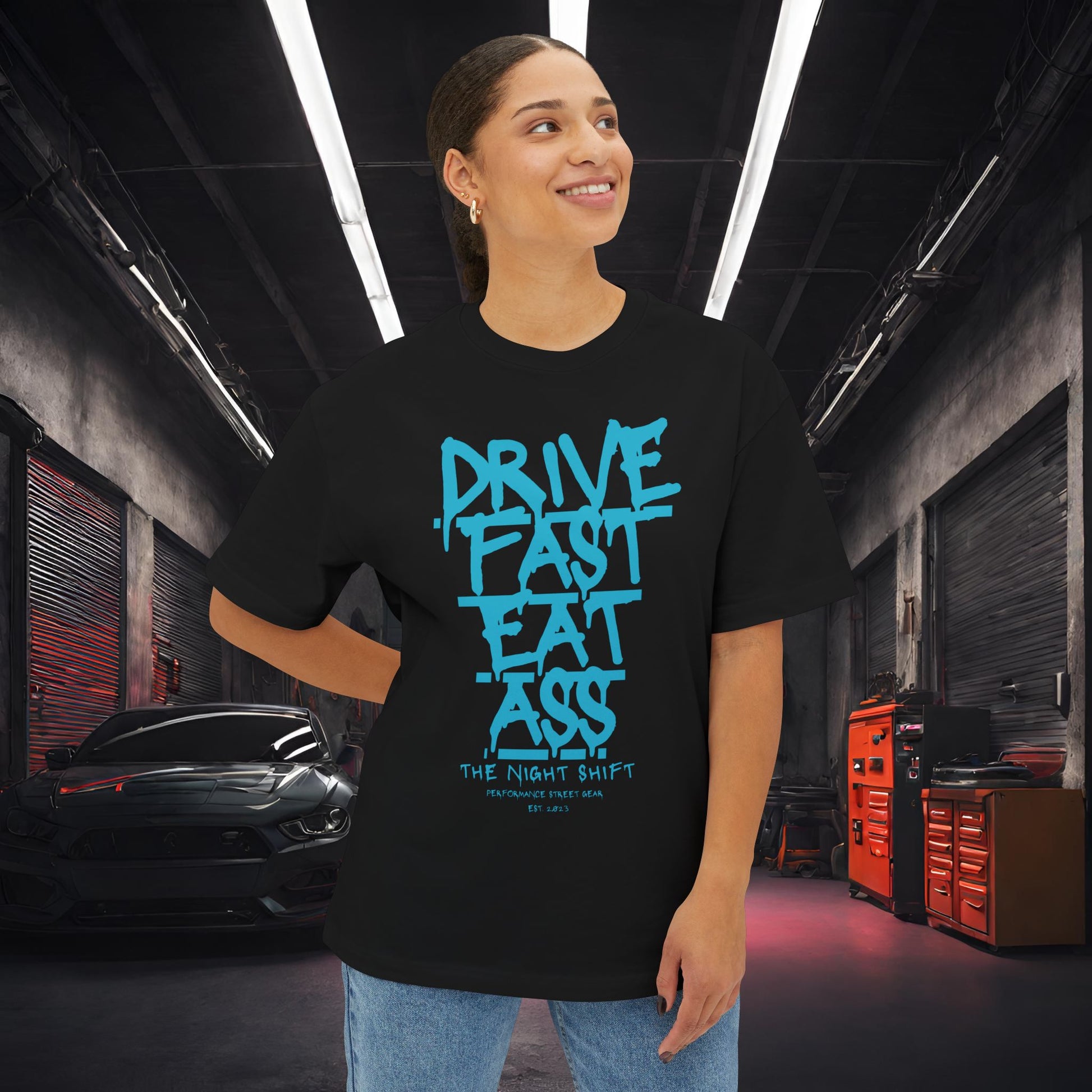 Drive Fast, Eat Ass-Premium, Ultra Soft Unisex Oversized Boxy Tee Printify by The Night Shift Automotive Apparel