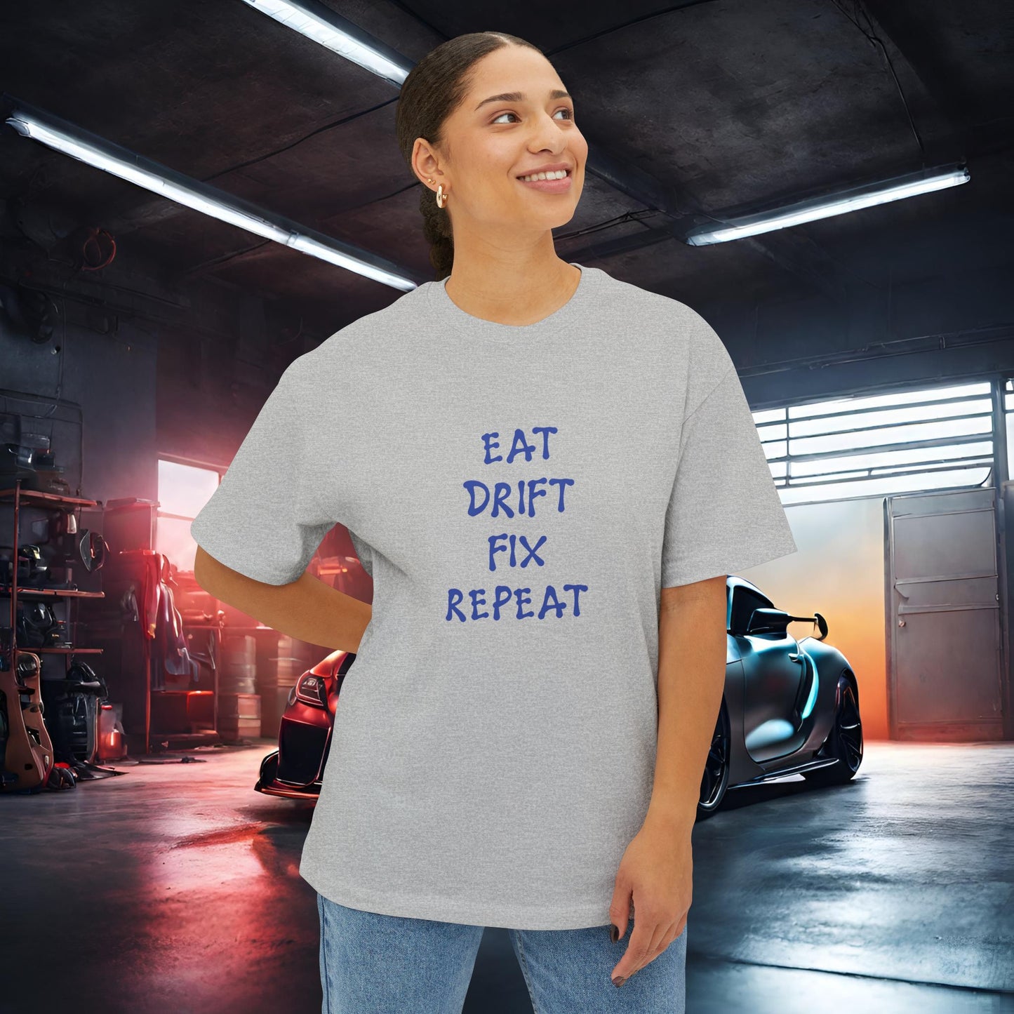 Eat, Drift, Fix, Repeat. I'll Sleep When I'm Dead-Premium, Ultra Soft Unisex Oversized Boxy Tee Printify by The Night Shift Automotive Apparel