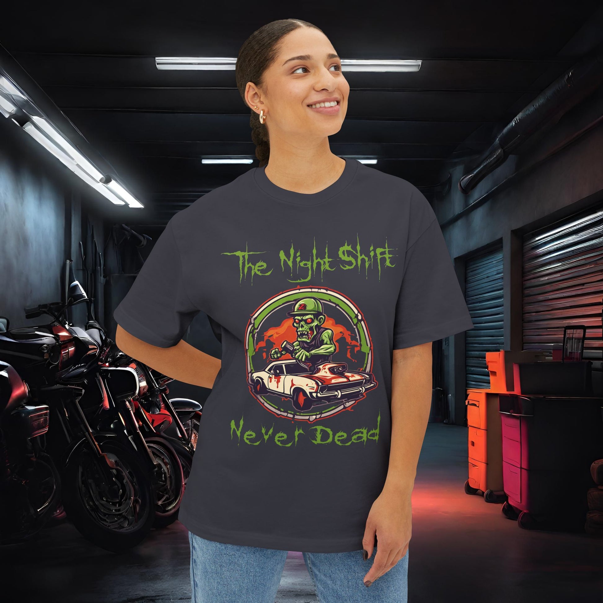 Never Dead Zombie Muscle Car-Premium, Ultra Soft Unisex Oversized Boxy Tee Printify by The Night Shift Automotive Apparel
