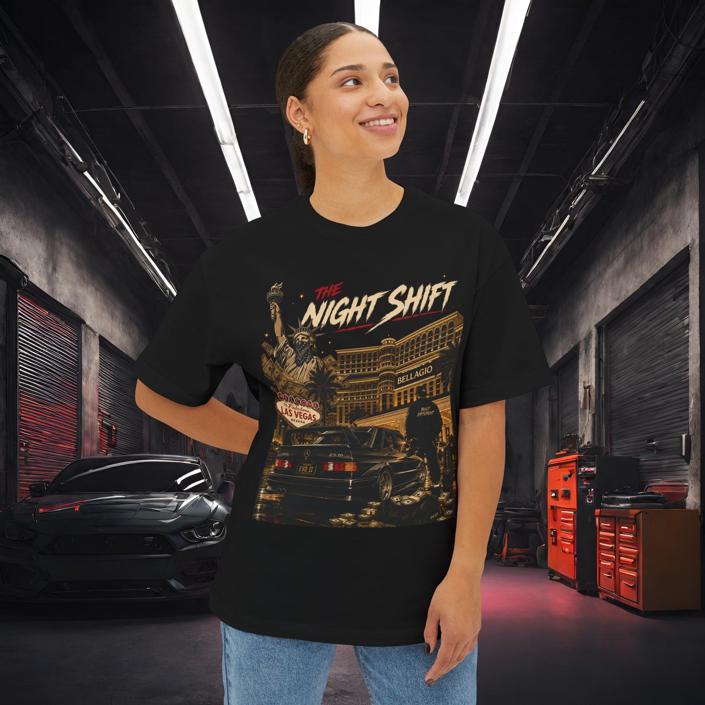 Mercedes Benz 190E Evo II-Premium, Ultra Soft Unisex Oversized Boxy Tee Printify by The Night Shift Automotive Apparel