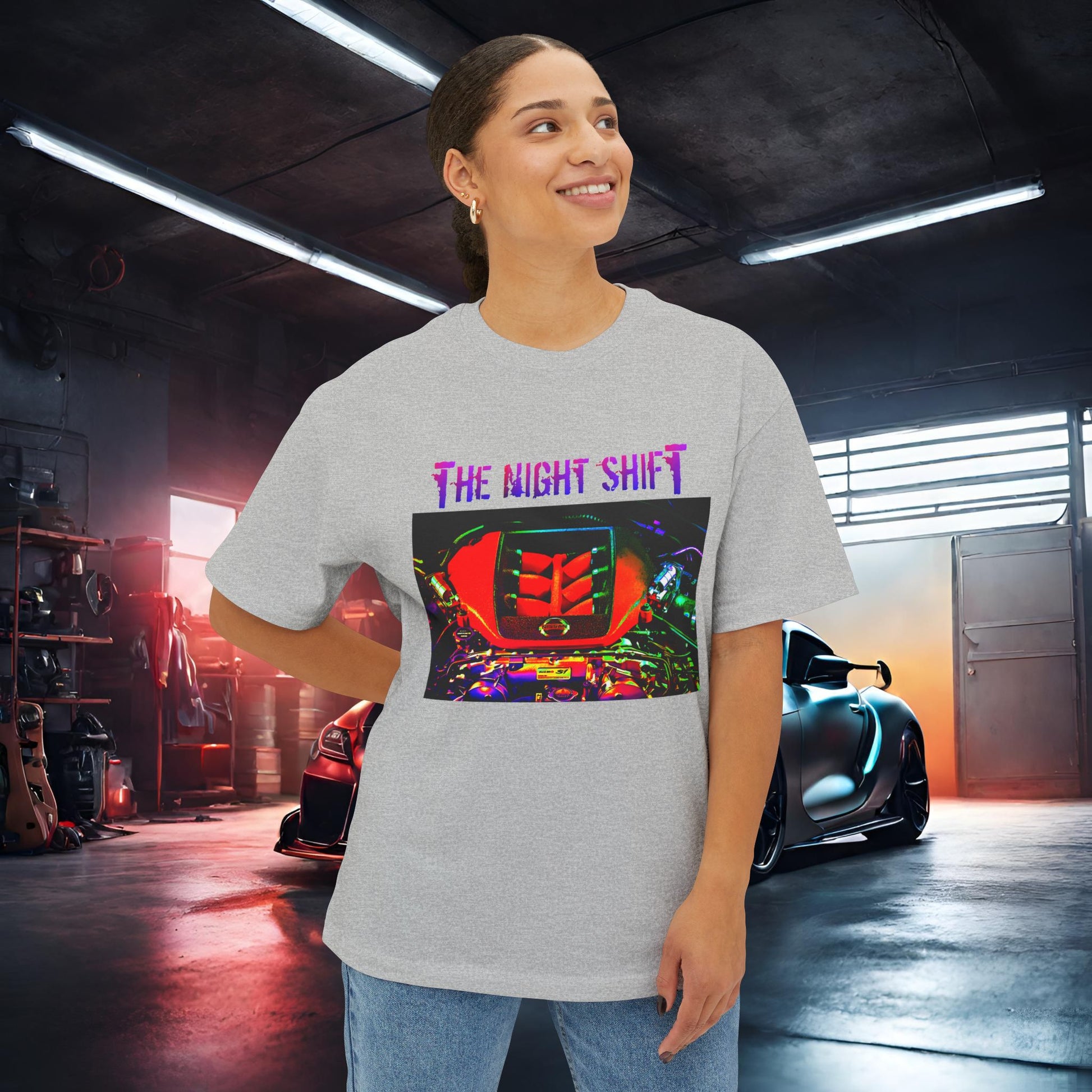 VR38DETT Synthwave-Premium, Ultra SoftUnisex Oversized Boxy Tee Printify by The Night Shift Automotive Apparel