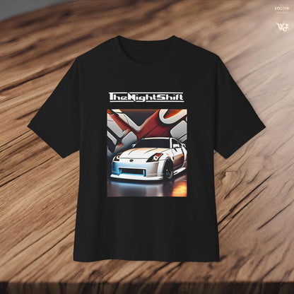 Nissan 350z Graffiti Wall-Premium, Ultra Soft, Unisex Oversized Boxy Tee Printify by The Night Shift Automotive Apparel