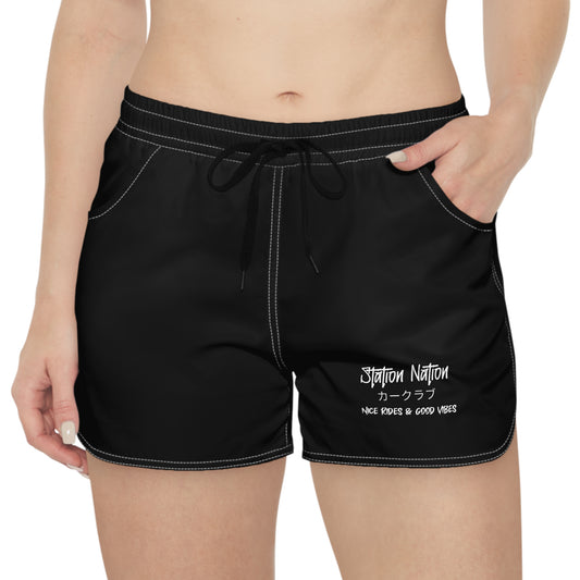 Station Nation-Stylish Women's Casual Shorts Black drawstring Printify by The Night Shift Automotive Apparel