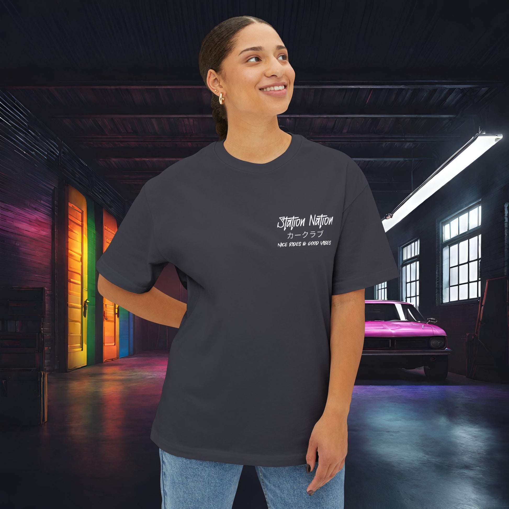 Station Nation-Premium, Ultra Soft Unisex Oversized Boxy Tee Printify by The Night Shift Automotive Apparel