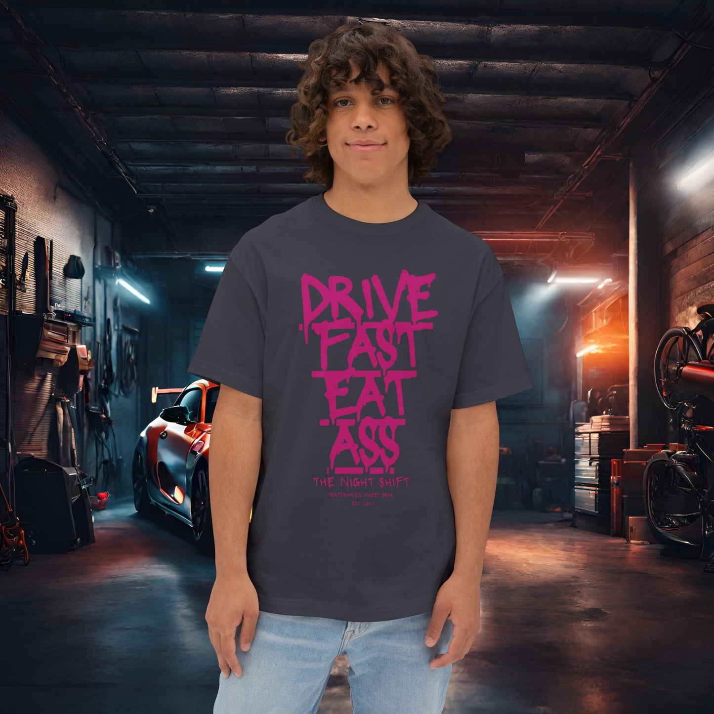 Drive Fast, Eat Ass-Premium, Ultra Soft Unisex Oversized Boxy Tee Dark Grey Printify by The Night Shift Automotive Apparel