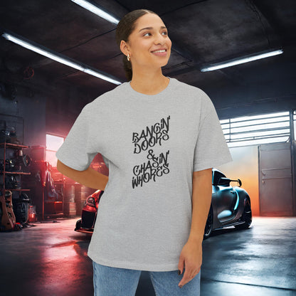 Bangin' Doors & Chasin' Whores-Premium, Ultra Soft Unisex Oversized Boxy Tee Printify by The Night Shift Automotive Apparel